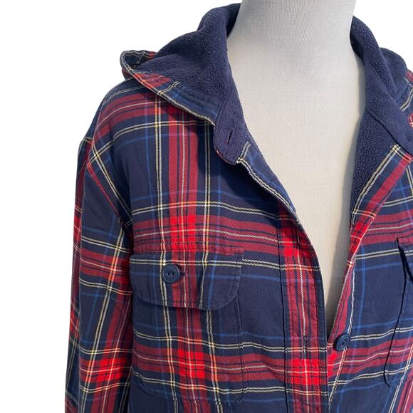 L.L. Bean Cotton Shacket Womens Medium Red & Blue Plaid Hooded Shirt Jacket - Picture 2 of 9